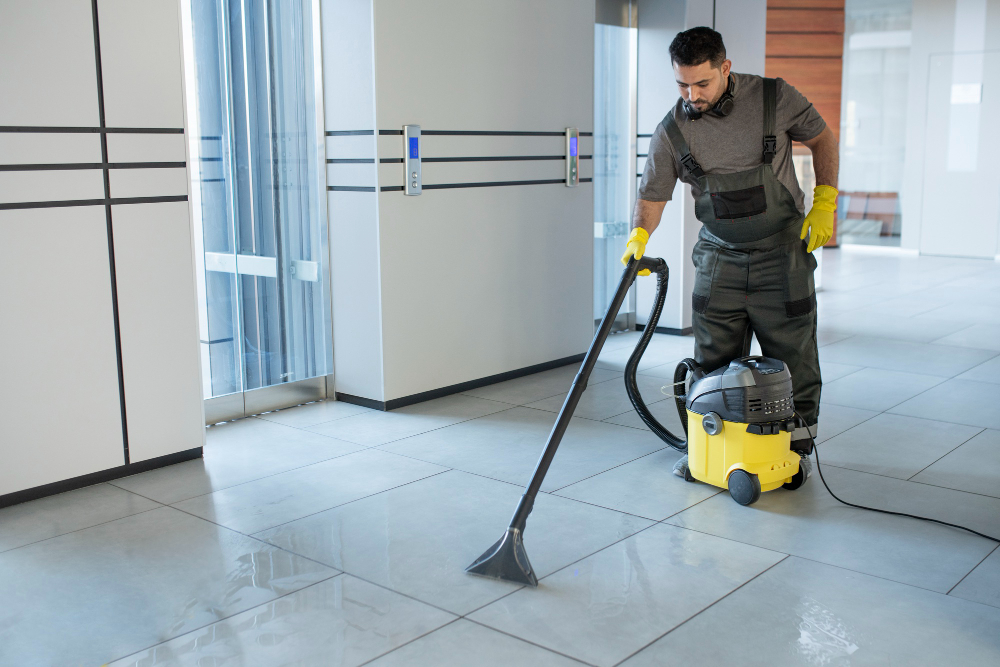 Man cleaning office floor with vacuum cleaner
