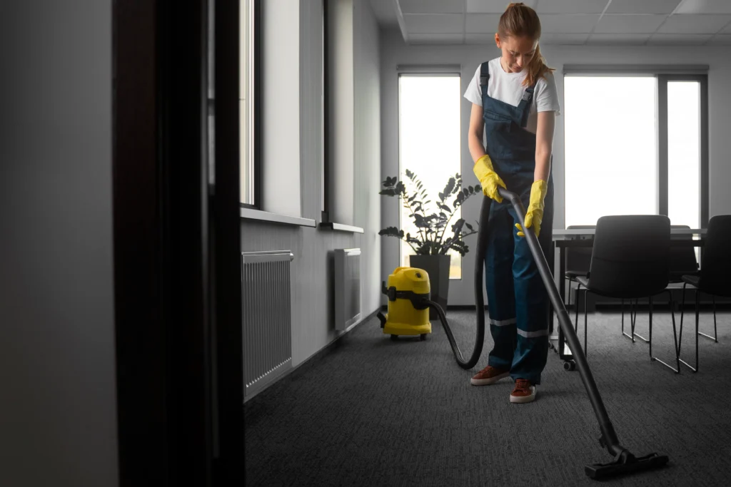 full shot woman cleaning indoors