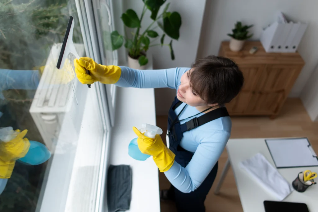 person taking care cleaning office window