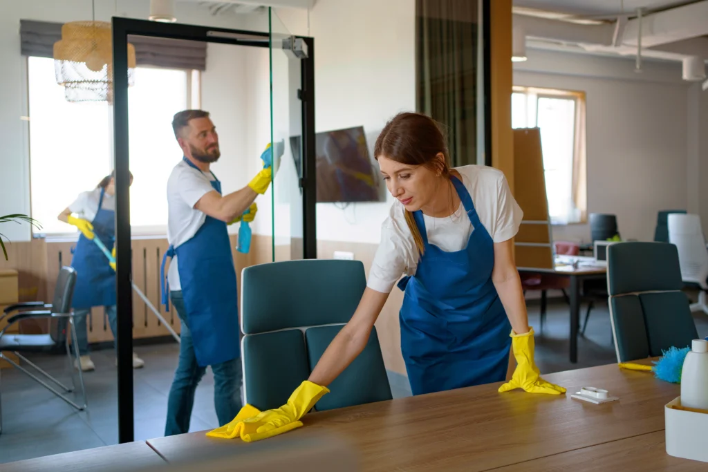 cleaning service people working together office