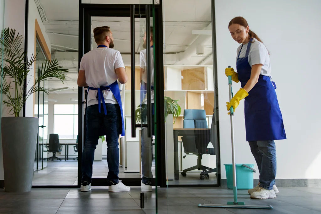 professional cleaning service people working together office