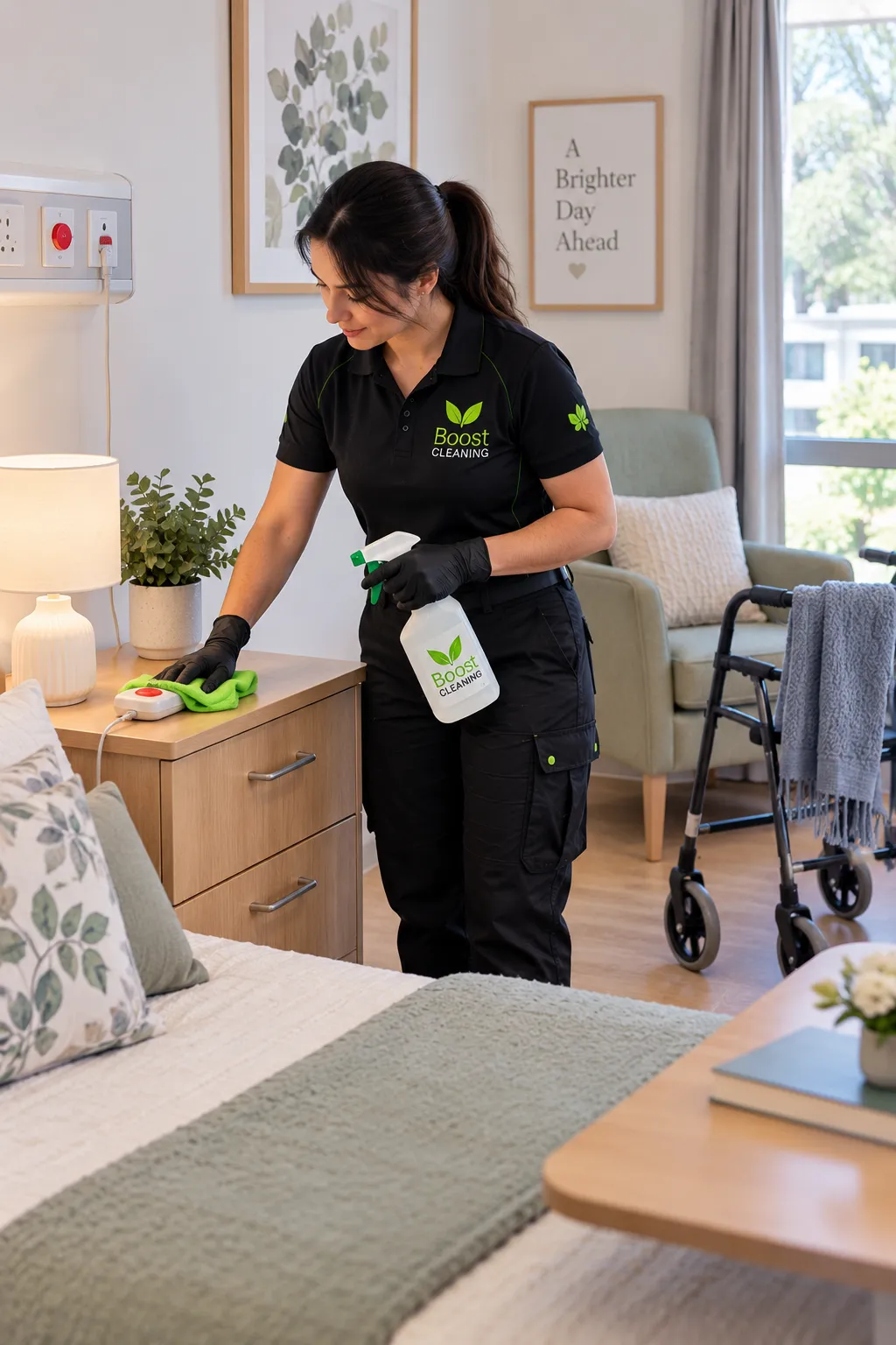 Cleaner wiping a bedside table in a care home