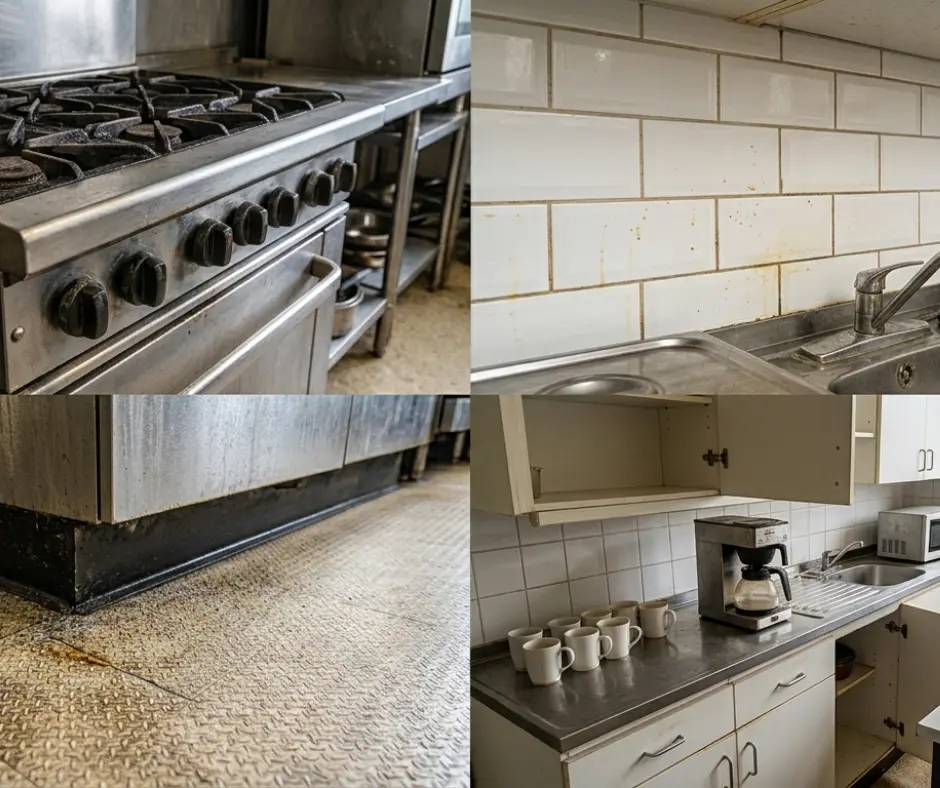 Dirty commercial kitchen stove with grease stains on tiles and messy countertop