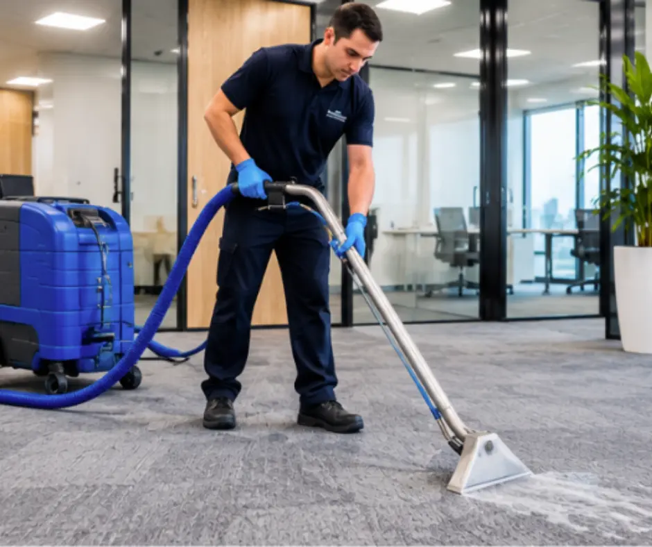 Professional cleaner using carpet extraction equipment during end of lease cleaning in a Melbourne office