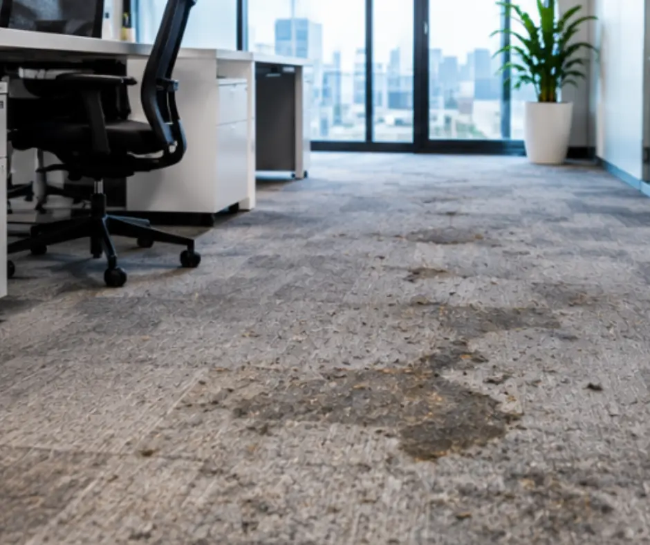 Stained and dirty carpet in a commercial office space before end of lease cleaning in Melbourne