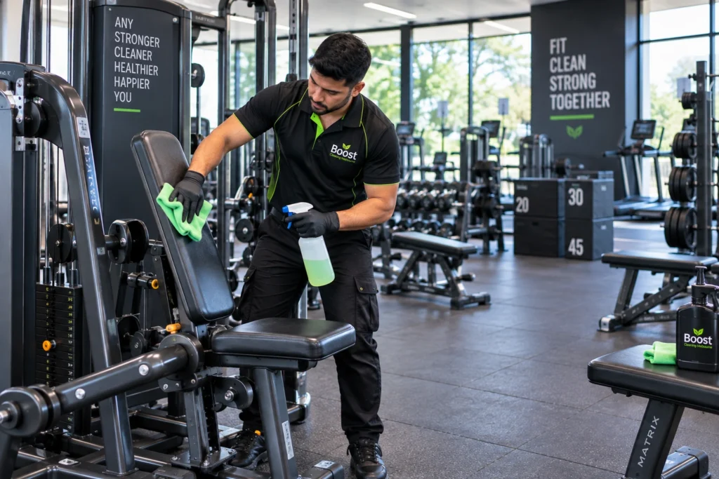 Professional cleaner disinfecting gym equipment